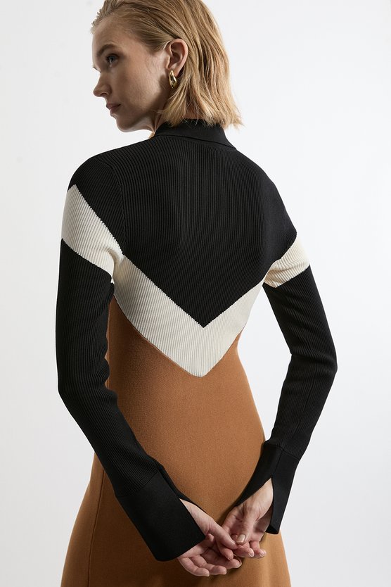 Karen Millen Viscose Blend Rib Knit Polo Top Maxi Dress Navy