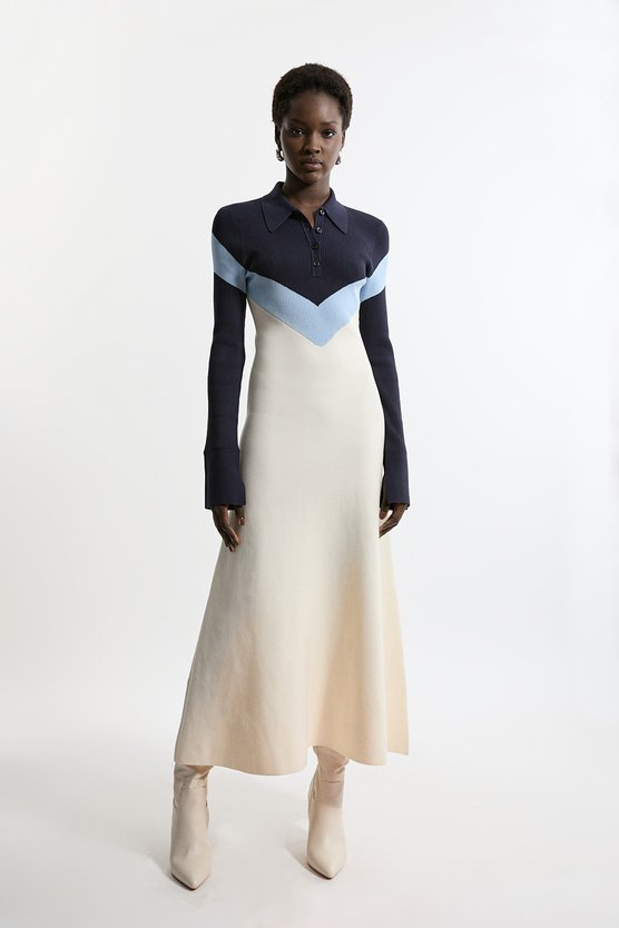 karen millen Viscose Blend Rib Knit Polo Top Maxi Dress navy