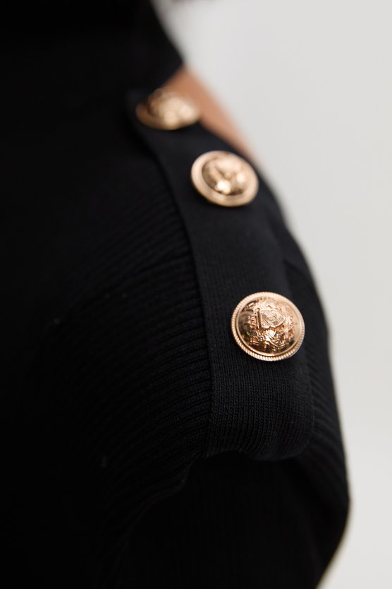 Karen Millen Viscose Blend Rib Knit Power Shoulder Long Sleeve Military Trim Maxi Dress Black