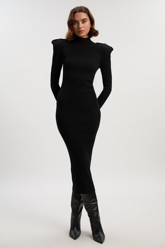 karen millen Viscose Blend Rib Knit Power Shoulder Long Sleeve Military Trim Maxi Dress black