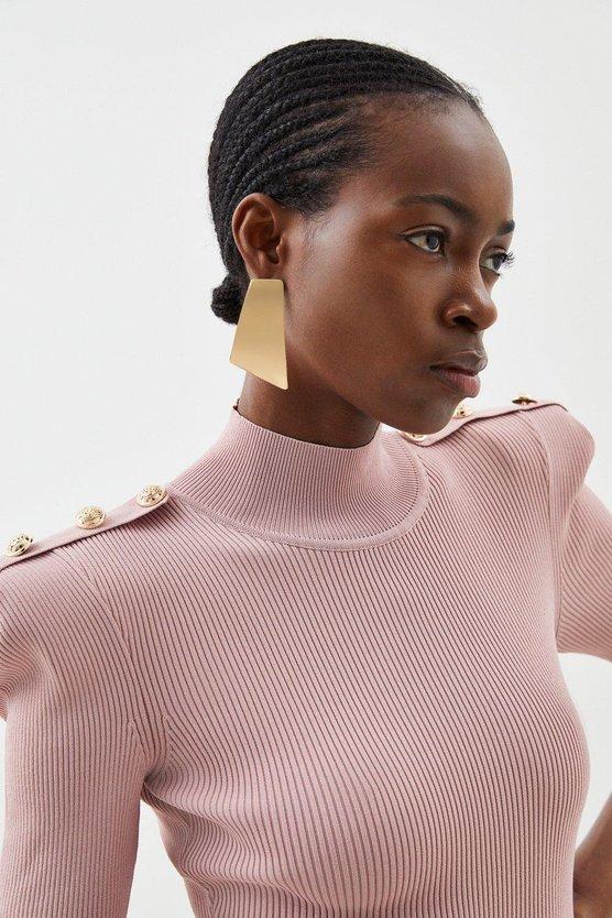 Karen Millen Viscose Blend Rib Knit Power Shoulder Military Trim Maxi Dress Black