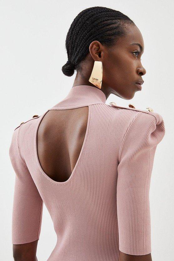 Karen Millen Viscose Blend Rib Knit Power Shoulder Military Trim Maxi Dress Black