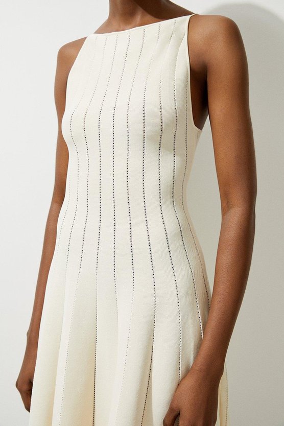 Karen Millen Viscose Blend Sheer Detail Knit Flippy Mini Dress Cream