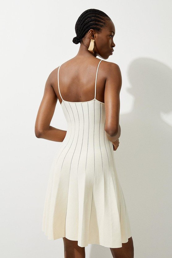 Karen Millen Viscose Blend Sheer Detail Knit Flippy Mini Dress Cream