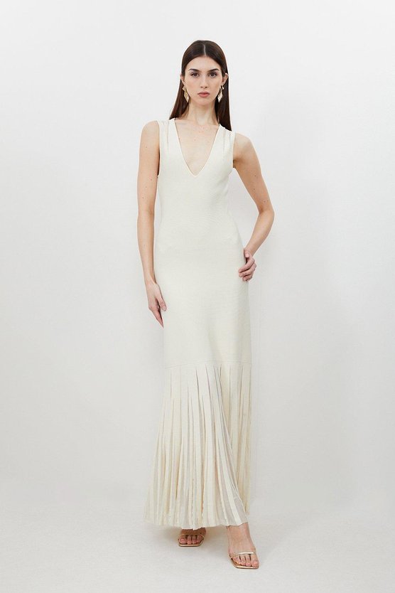 karen millen Viscose Blend Sheer Skirt Maxi Knit Dress cream