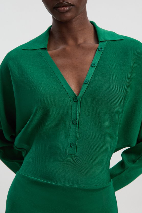Karen Millen Viscose Blend Slinky Batwing Button Neck Knit Midi Dress Green