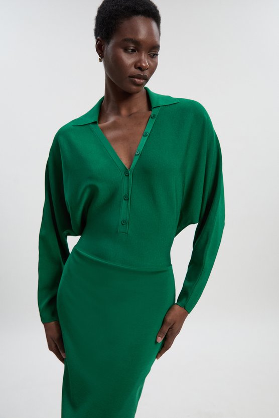 karen millen Viscose Blend Slinky Batwing Button Neck Knit Midi Dress green