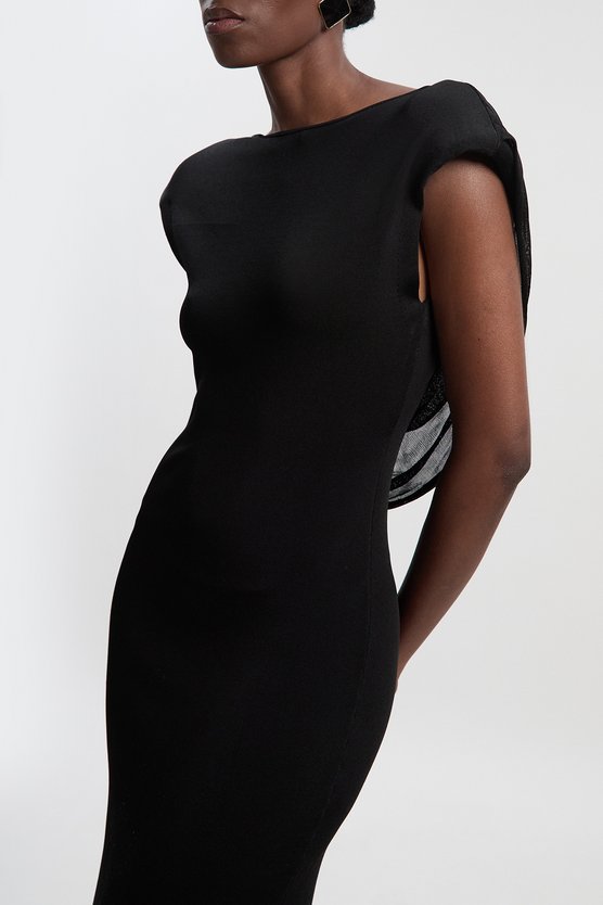 Karen Millen Viscose Blend Slinky Drape Plunge Back Knit Maxi Dress Black