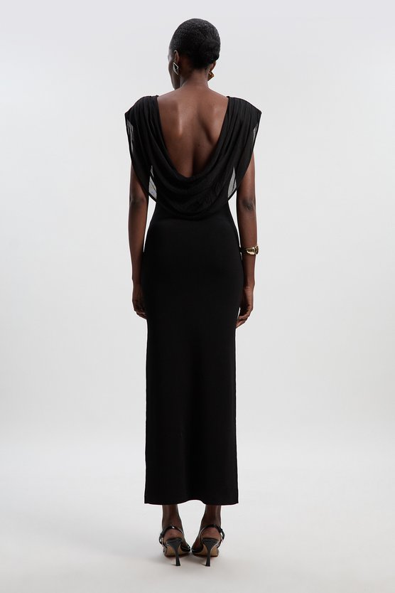 Karen Millen Viscose Blend Slinky Drape Plunge Back Knit Maxi Dress Black
