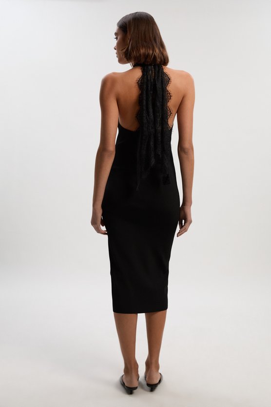 Karen Millen Viscose Blend Slinky Sheer Lace Back Detail Knit Midi Dress Black