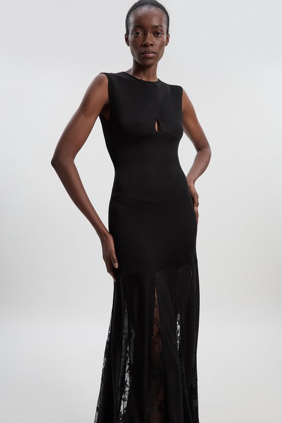 Karen Millen Viscose Blend Slinky Sheer Lace Detail Knit Maxi Dress Black