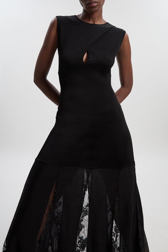 Karen Millen Viscose Blend Slinky Sheer Lace Detail Knit Maxi Dress Black