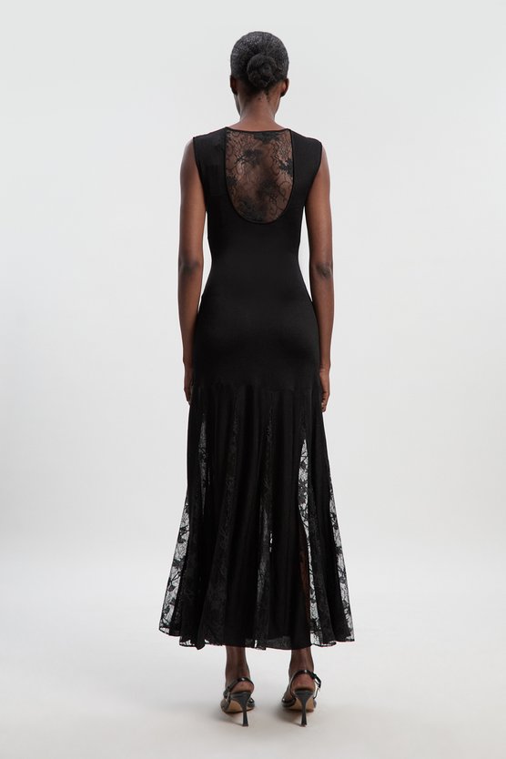 Karen Millen Viscose Blend Slinky Sheer Lace Detail Knit Maxi Dress Black