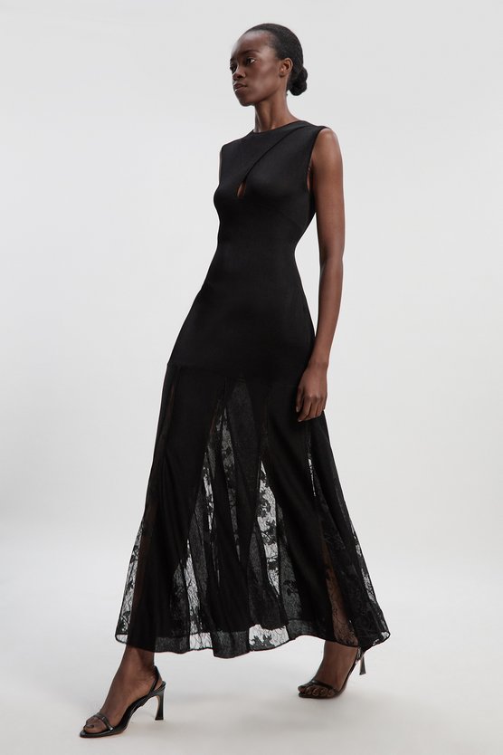 karen millen Viscose Blend Slinky Sheer Lace Detail Knit Maxi Dress black
