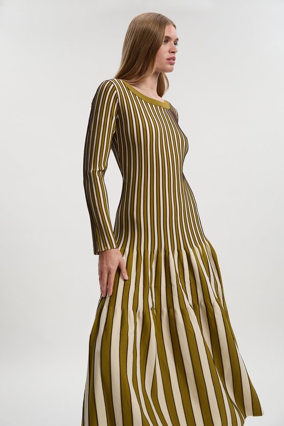 Karen Millen Viscose Blend Striped Knitted Maxi Dress Green