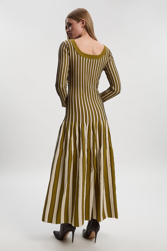 Karen Millen Viscose Blend Striped Knitted Maxi Dress Green