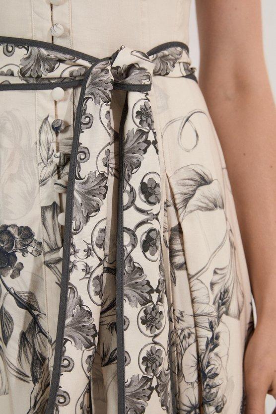 Karen Millen Viscose Linen Scenic Placed Print Strappy Woven Midi Dress Mono