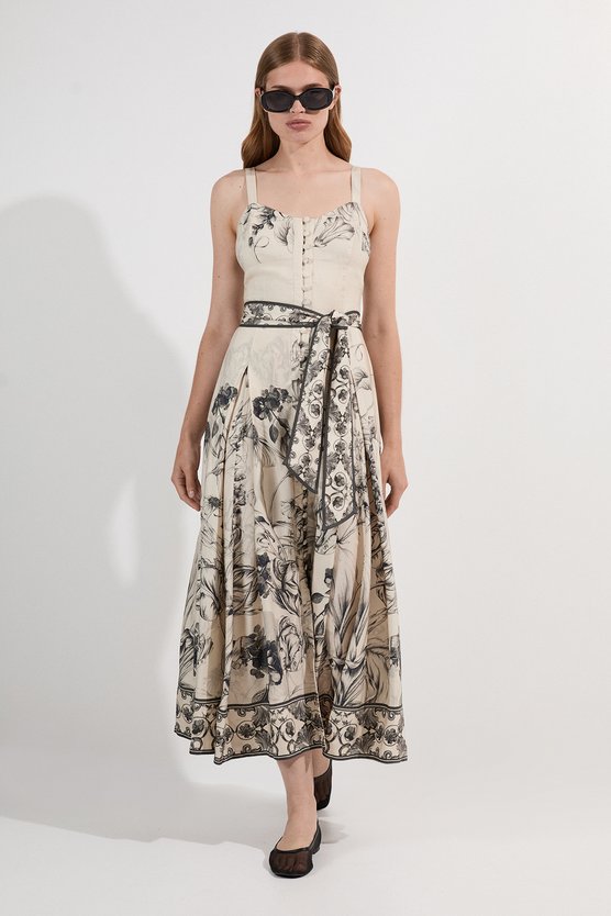 karen millen Viscose Linen Scenic Placed Print Strappy Woven Midi Dress mono