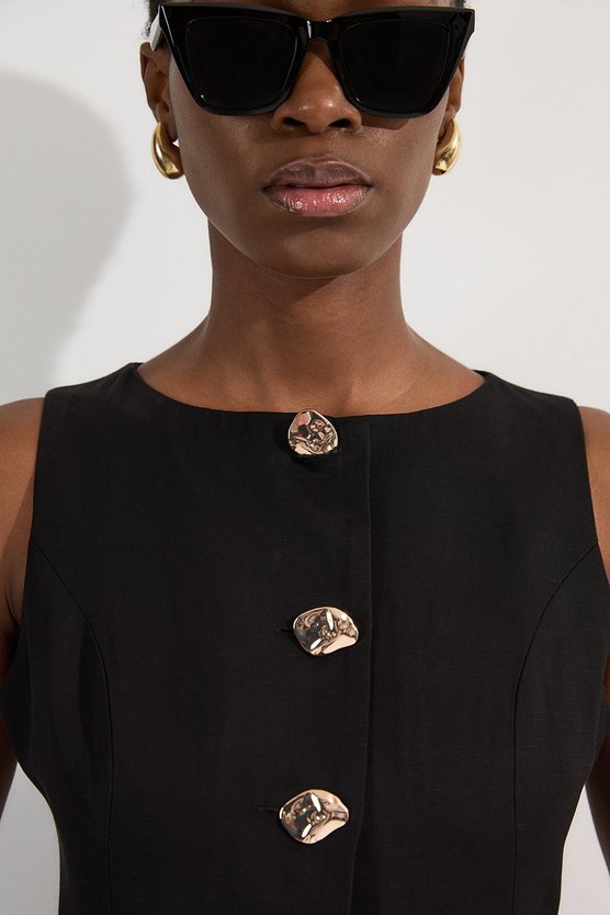 Karen Millen Viscose Linen Tailored Statement Button Front Pencil Midi Dress Black