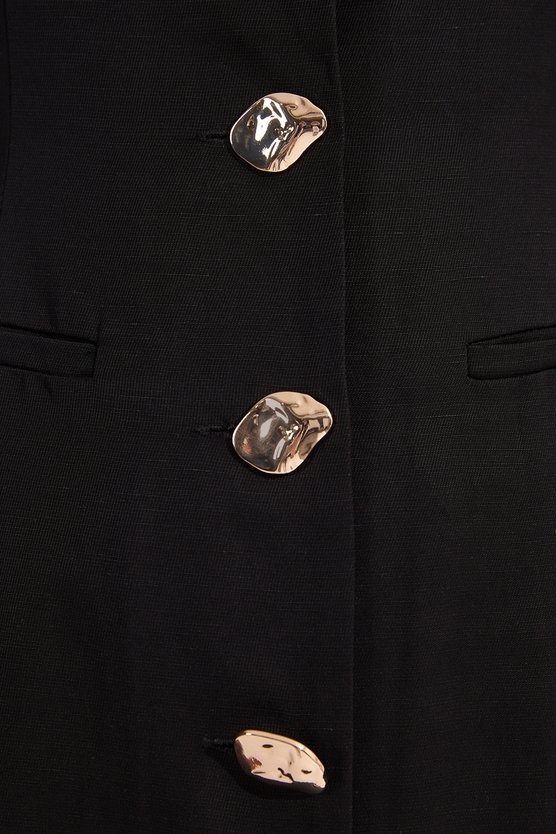 Karen Millen Viscose Linen Tailored Statement Button Front Pencil Midi Dress Black