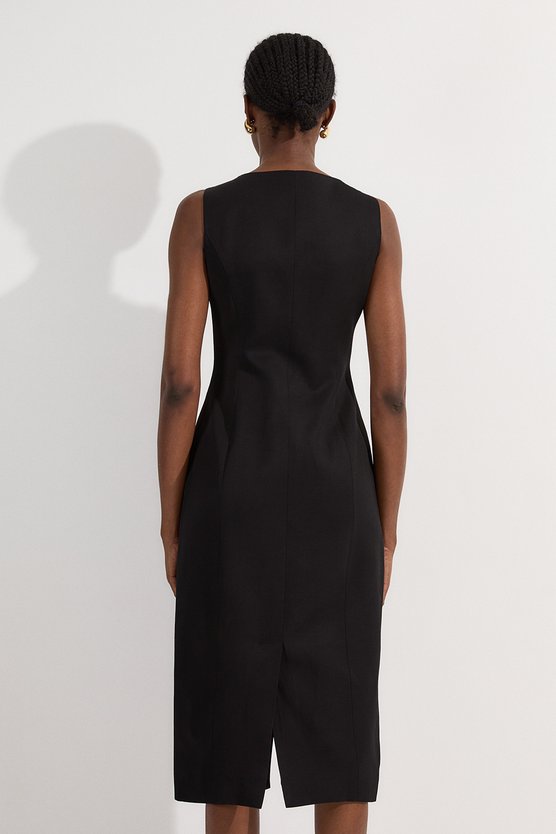 Karen Millen Viscose Linen Tailored Statement Button Front Pencil Midi Dress Black