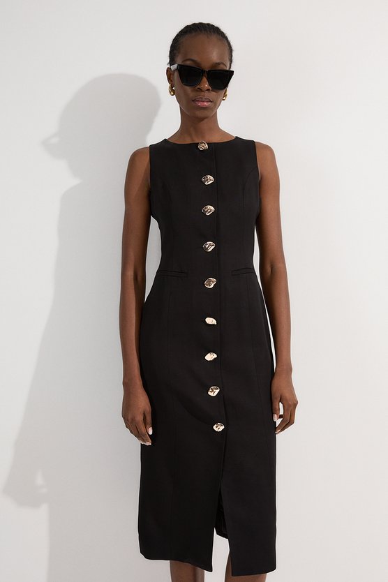 karen millen Viscose Linen Tailored Statement Button Front Pencil Midi Dress black