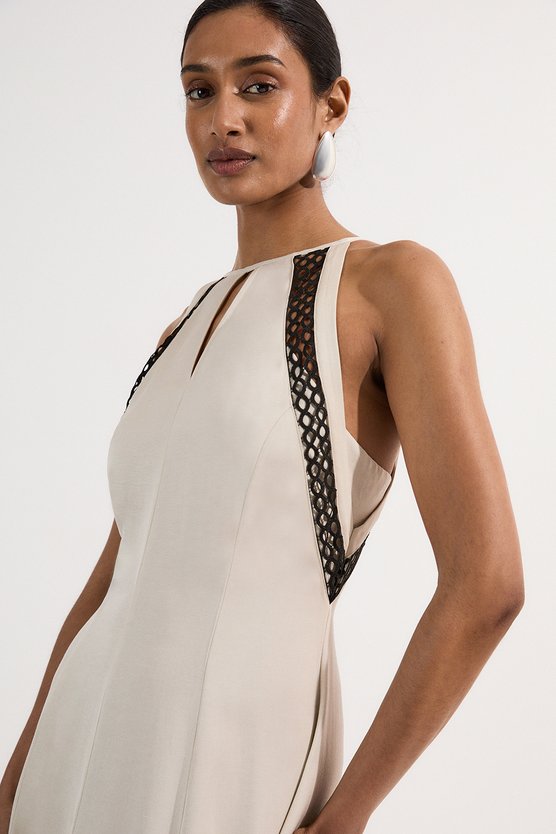 Karen Millen Viscose Linen Woven Halterneck Midi Dress With Lace Trim Stone