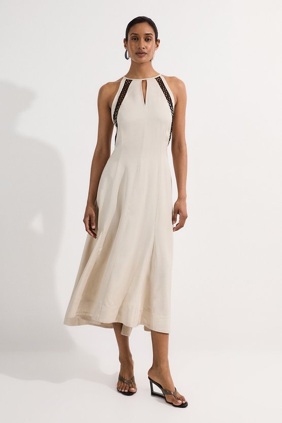Karen Millen Viscose Linen Woven Halterneck Midi Dress With Lace Trim Stone