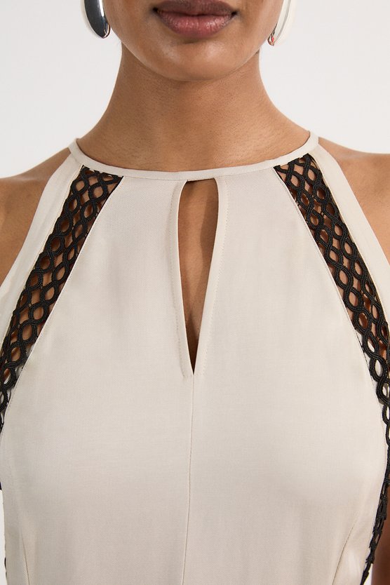 Karen Millen Viscose Linen Woven Halterneck Midi Dress With Lace Trim Stone