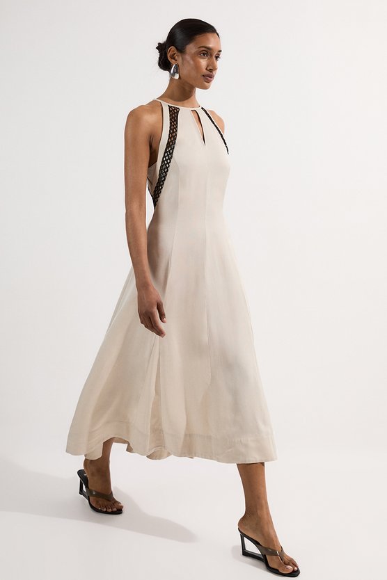 karen millen Viscose Linen Woven Halterneck Midi Dress With Lace Trim stone