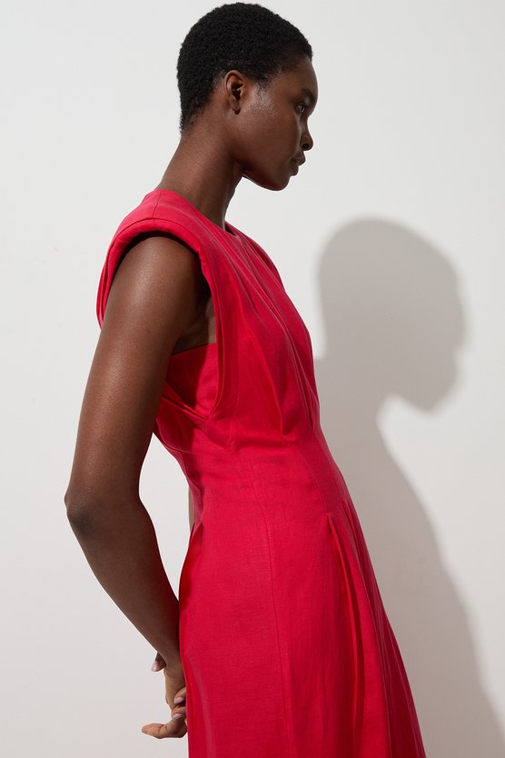 Karen Millen Viscose Linen Woven Pintuck Midi Dress Red
