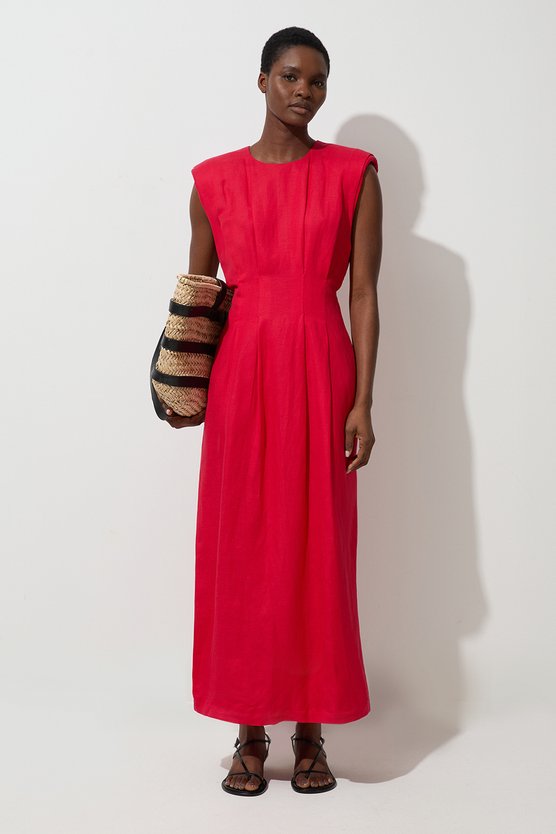 Karen Millen Viscose Linen Woven Pintuck Midi Dress Red
