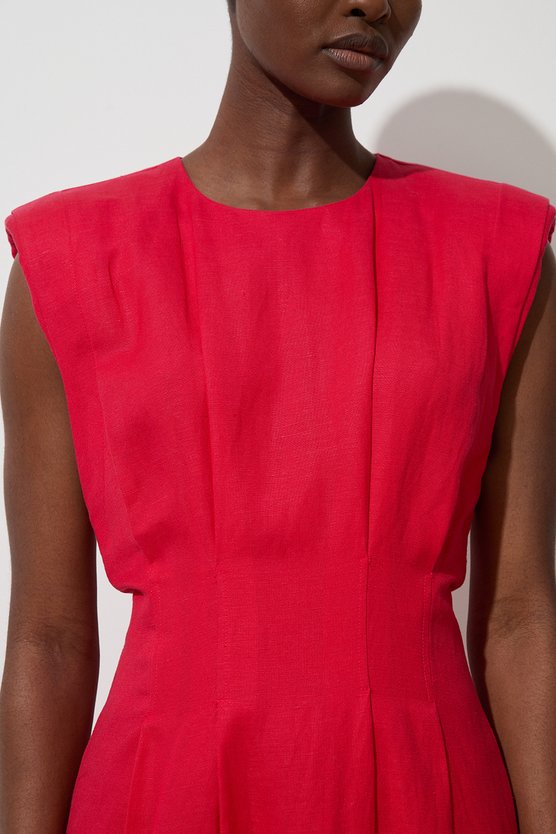 Karen Millen Viscose Linen Woven Pintuck Midi Dress Red