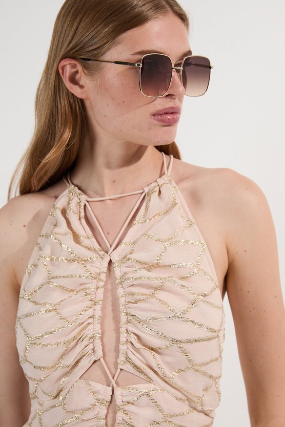 Karen Millen Viscose Metallic Georgette Halter Woven Maxi Dress Nude