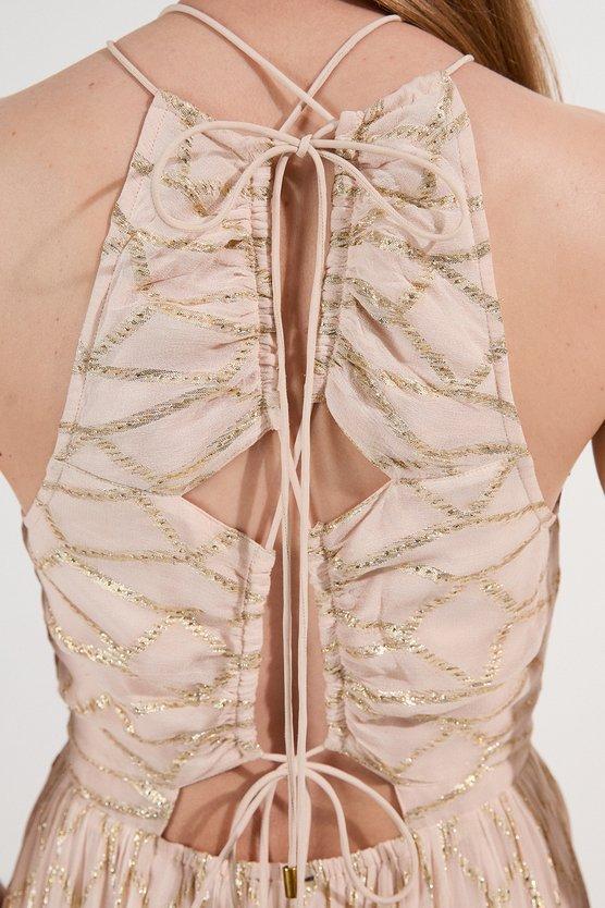 Karen Millen Viscose Metallic Georgette Halter Woven Maxi Dress Nude