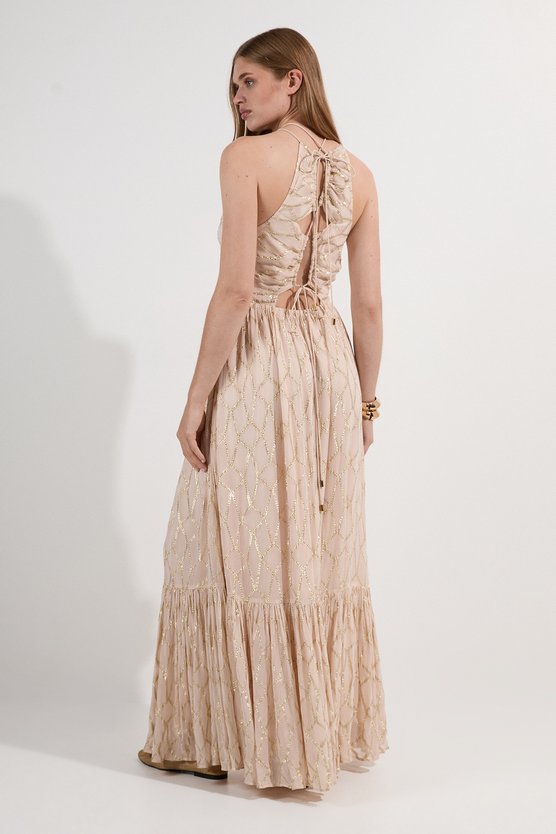 Karen Millen Viscose Metallic Georgette Halter Woven Maxi Dress Nude