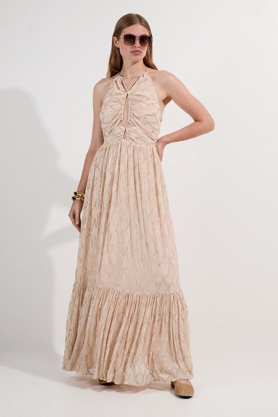 karen millen Viscose Metallic Georgette Halter Woven Maxi Dress nude