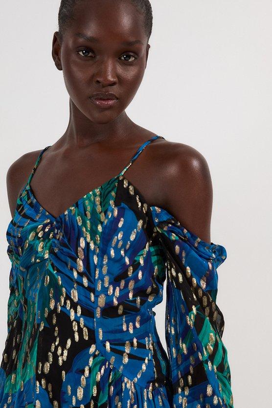 Karen Millen Viscose Metallic Palm Print Cold Shoulder Mini Dress Blue
