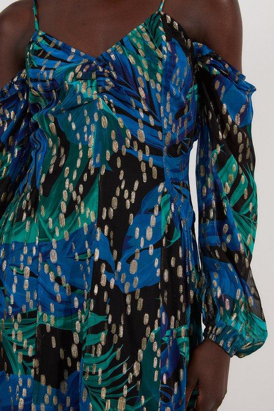 Karen Millen Viscose Metallic Palm Print Cold Shoulder Mini Dress Blue