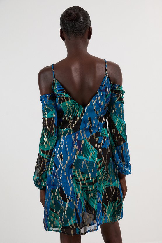Karen Millen Viscose Metallic Palm Print Cold Shoulder Mini Dress Blue
