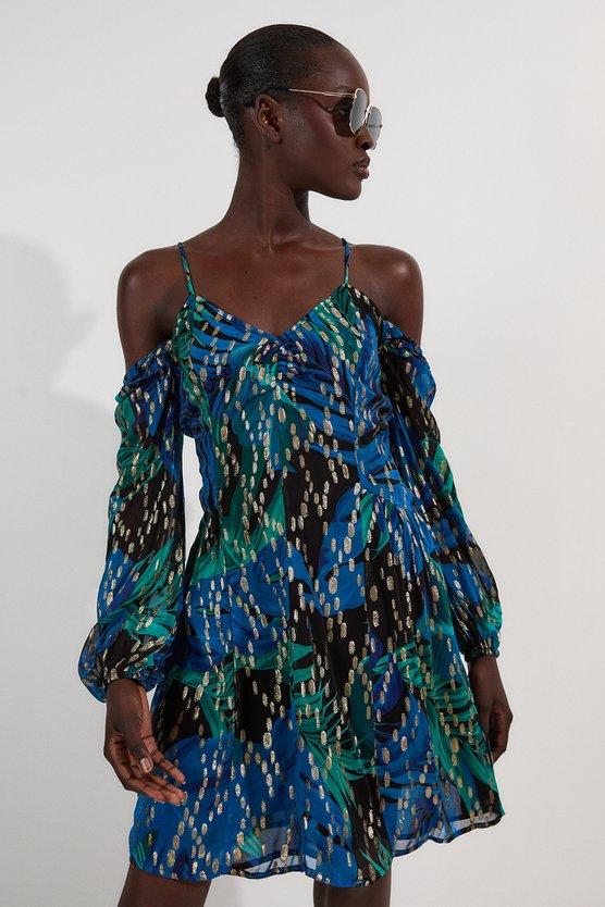 karen millen Viscose Metallic Palm Print Cold Shoulder Mini Dress blue karen millen Viscose Metallic Palm Print Cold Shoulder Mini Dress blue