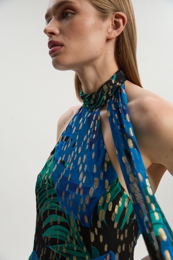 Karen Millen Viscose Metallic Palm Print Halter Neck Maxi Dress Blue