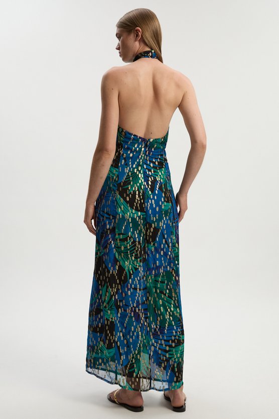 Karen Millen Viscose Metallic Palm Print Halter Neck Maxi Dress Blue