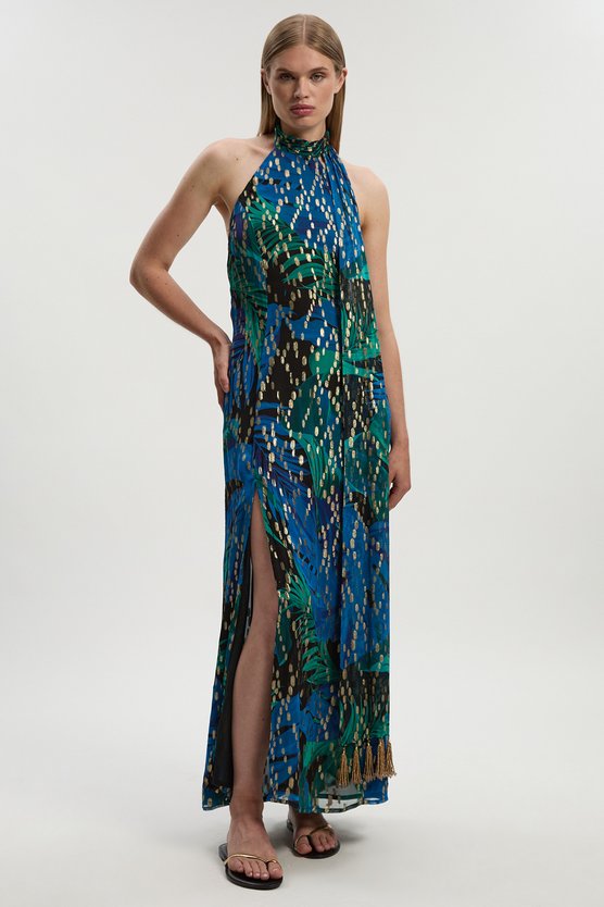 karen millen Viscose Metallic Palm Print Halter Neck Maxi Dress blue