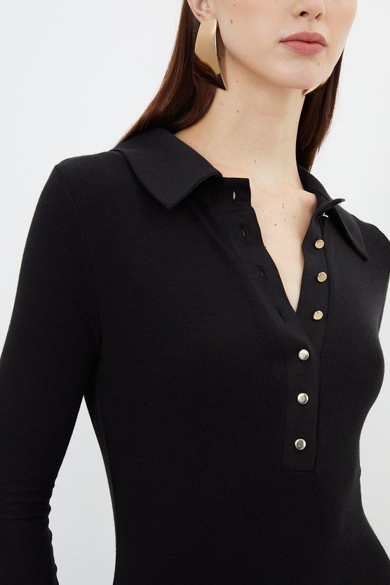 Karen Millen Viscose Rib Jersey Long Sleeve Collared Midi Dress Black