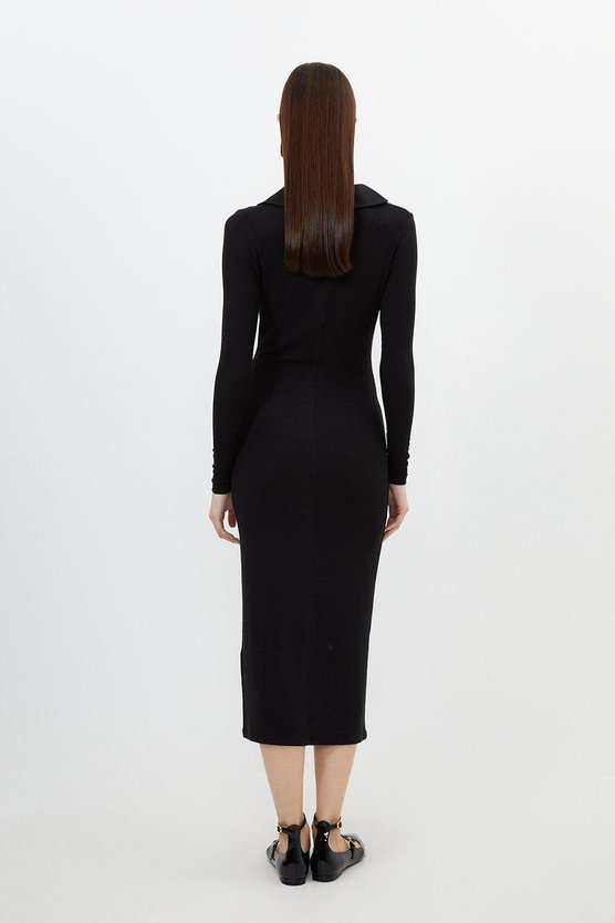 Karen Millen Viscose Rib Jersey Long Sleeve Collared Midi Dress Black