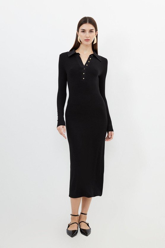 karen millen Viscose Rib Jersey Long Sleeve Collared Midi Dress black