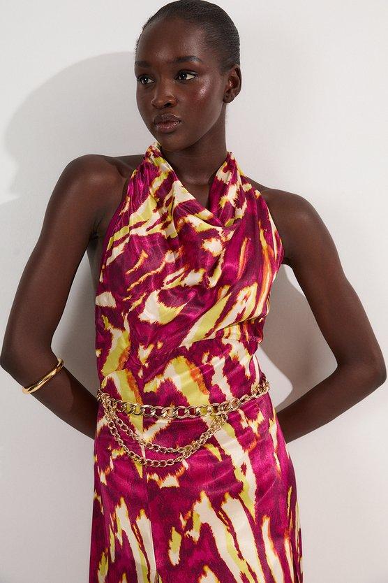 Karen Millen Viscose Satin Border Print Halter Neck Woven Maxi Dress Multi