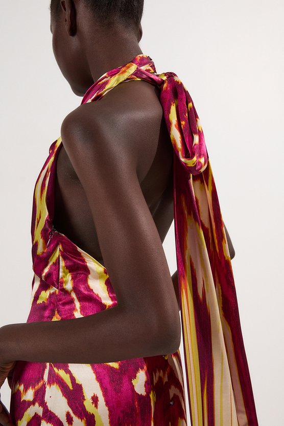 Karen Millen Viscose Satin Border Print Halter Neck Woven Maxi Dress Multi