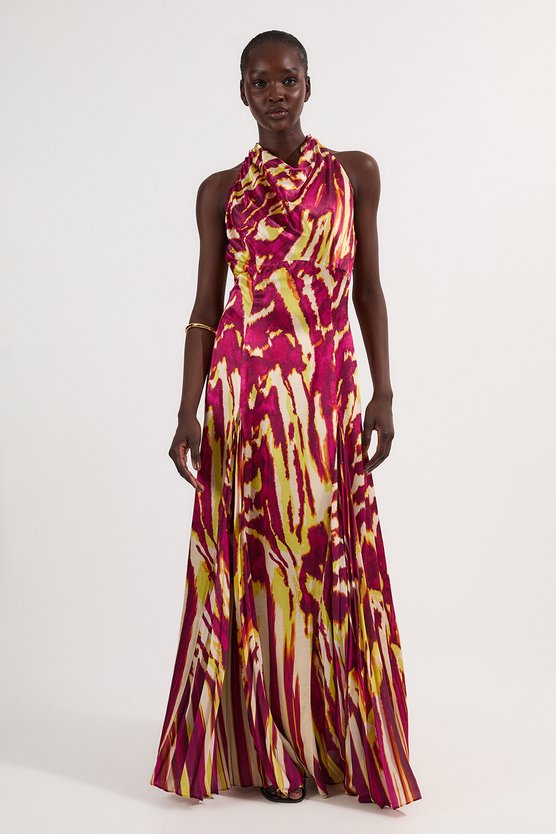 karen millen Viscose Satin Border Print Halter Neck Woven Maxi Dress multi